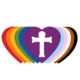 A series of interconnected hearts held together by a cross in the colors of the progress Pride flag